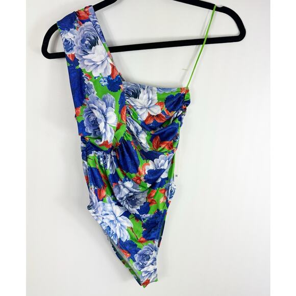 Zara Womens One Shoulder Bodysuit Green Blue Multicolor Flowers Small - Picture 1 of 7
